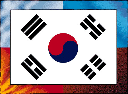 Korean Flag, surrounded by heave, water, earth and fire